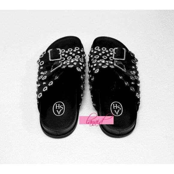 Ash Universe Slide Sandal Black Leather Studded Crystals Birks Flats Edgy Gothic - Picture 9 of 17